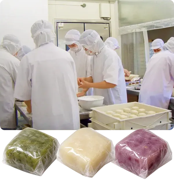 自社工場で団子を一つ一つ手作りする職人たちと、個包装されたよもぎ・小豆・紫芋のいきなり団子