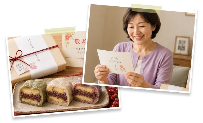 敬老の日の贈り物として、メッセージカードを読みながら喜ぶ女性